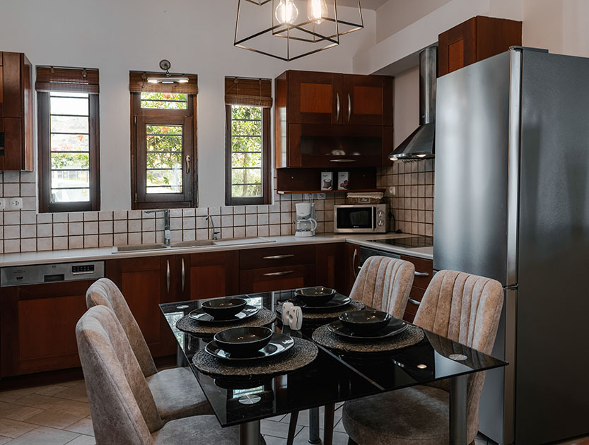 Kitchen at Echo Villa in Santorini, with refrigerator,dishwasher,stovetop,oven 